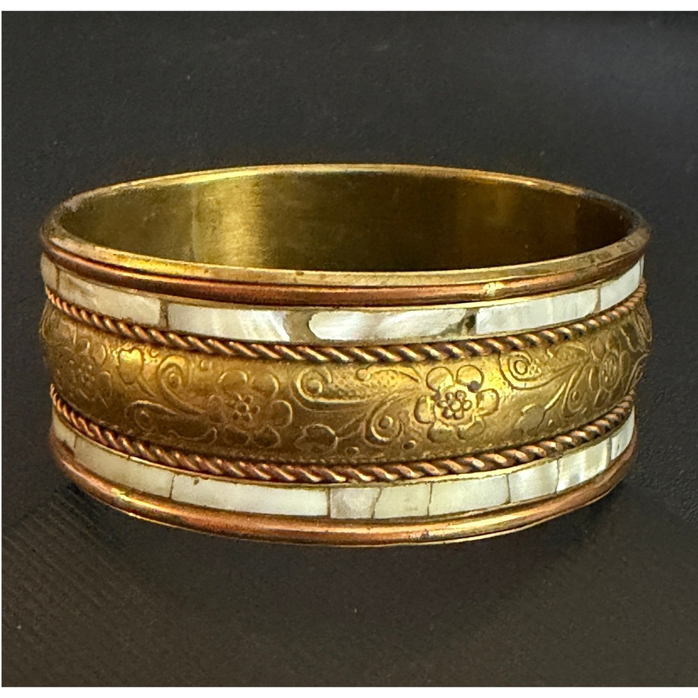 Vintage Bangle Bracelet Brass Copper Repousse Inlay